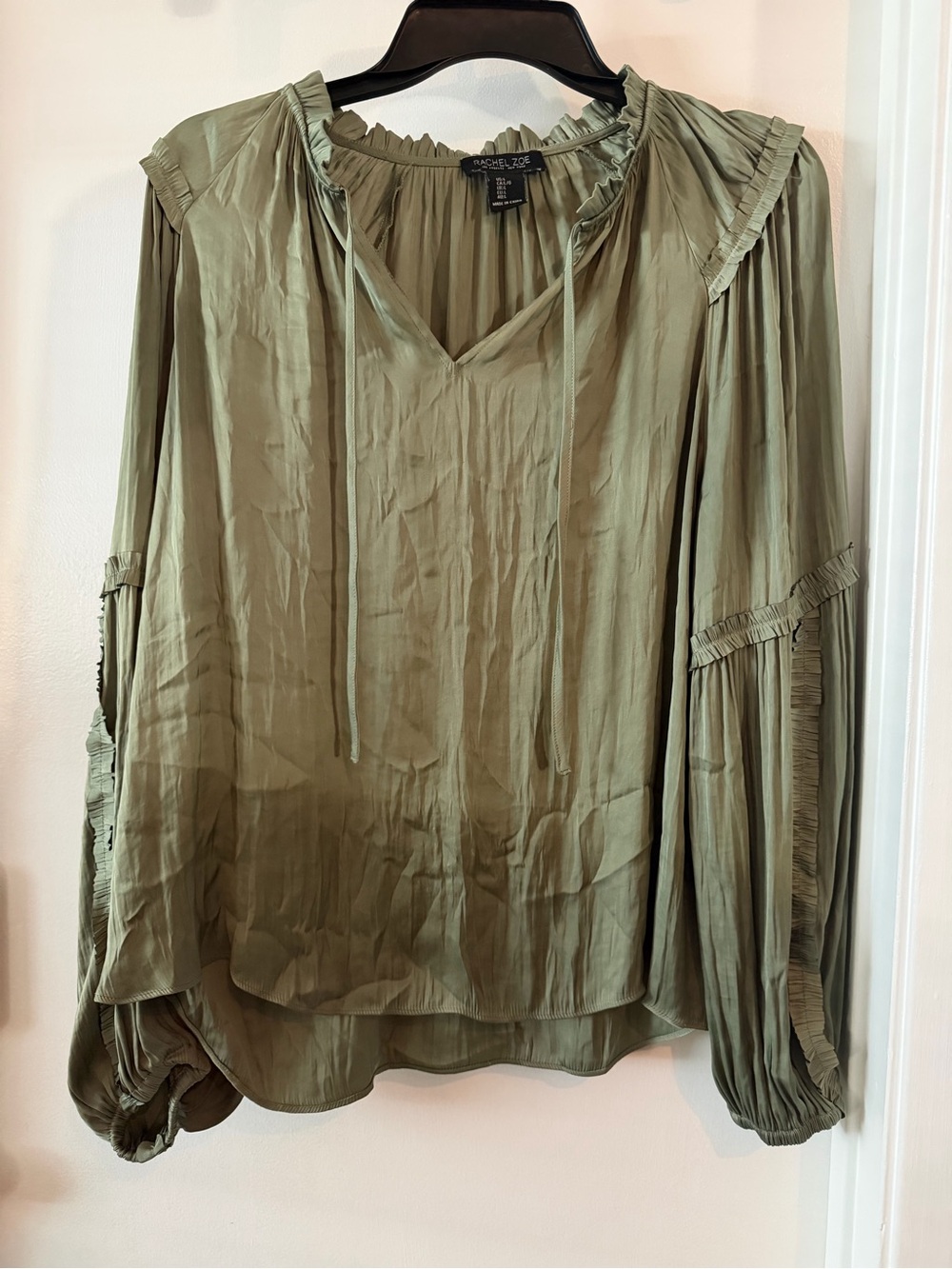 Rachel Zoe Olive Green Ruffle Sleeve Keyhole Blouse - Size L